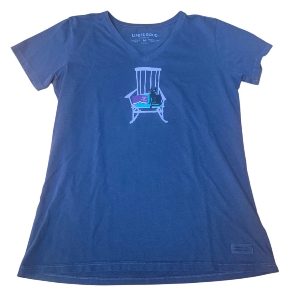 Life Is Good M Medium Crusher Tee Cat Book Rocking Chair Gray Blue SS V-Neck